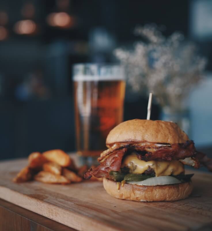 a burger, fries and a beer